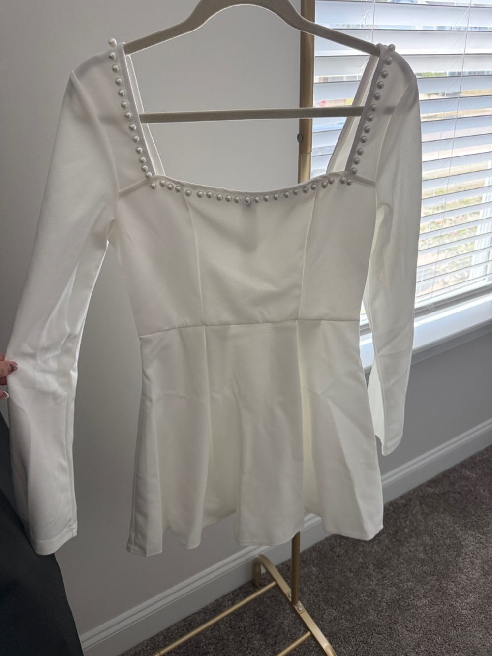 Pearl-Trim White Long-Sleeve dress